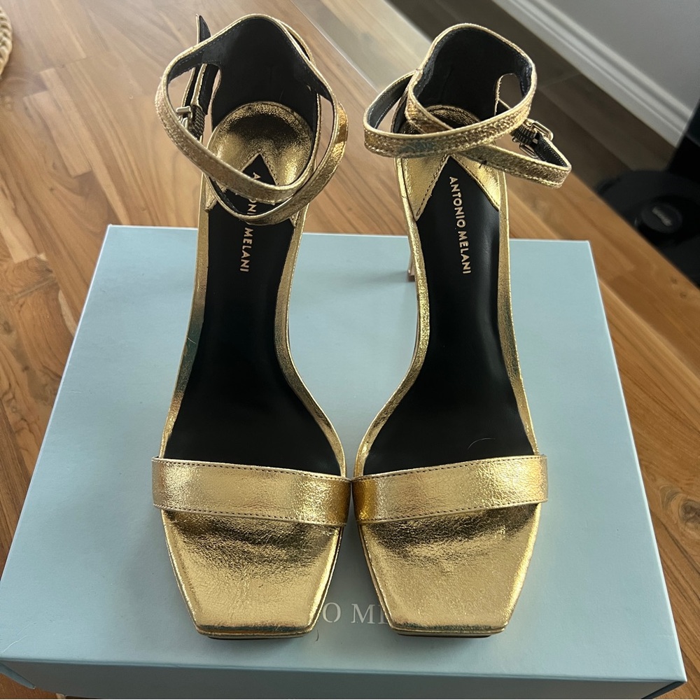 ANTONIO MELANI Metallic Gold Leather Strappy Square Toe Heels